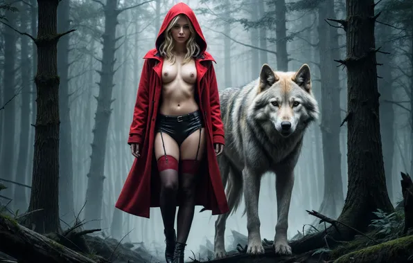 Forest, girl, wolf, Little red riding hood, the image is generated by AI