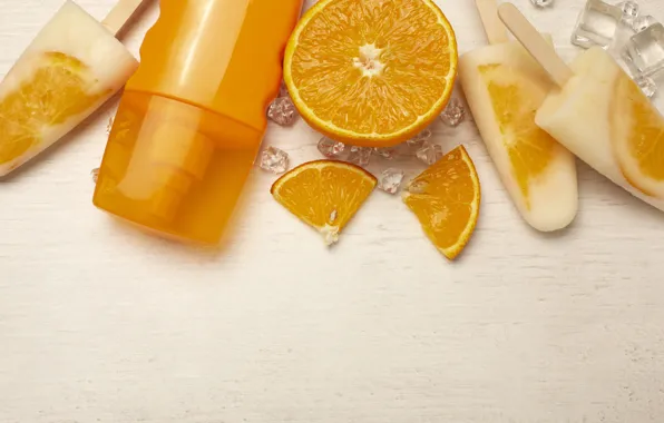 Oranges, ice cream, ice cubes, fruit ice