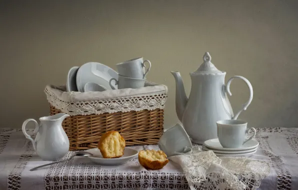 White, table, wall, food, kettle, spoon, Cup, dishes