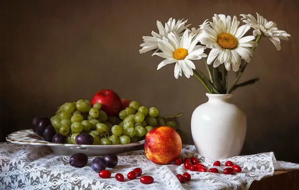 Flowers, table, apples, chamomile, plate, grapes, vase, still life