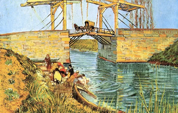 Picture bridge, boat, coach, Vincent van Gogh, The Langlois, women washing, Bridge at Arles