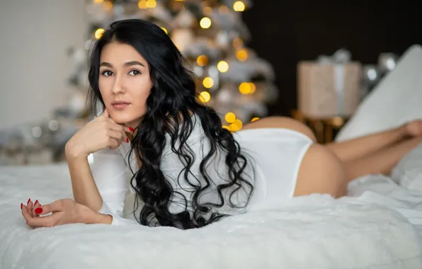 Picture ass, ass, look, girl, face, pose, bed, long hair