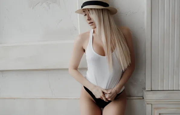 Girl, pose, wall, hat, Mike, blonde, long hair, Andrey Popenko
