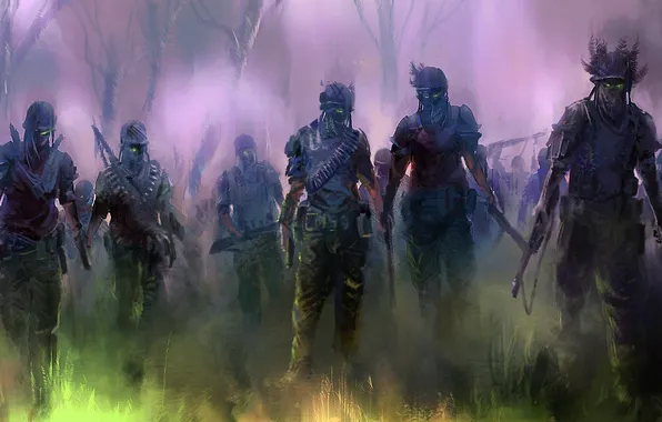 Forest, art, zombies, soldiers, equipment, dead