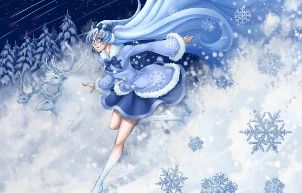 Winter, girl, snow, snowflakes, night, tree, art, deer