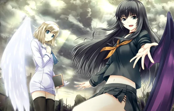 Picture clouds, the city, girls, wings, form, ruins, game cg, tokyo babel