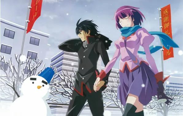 Winter, snow, street, snowman, flags, walk, date, students