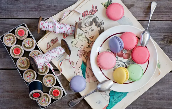 Picture cookies, plate, colorful, thread, dessert, spoon, Anna Verdina, macaron