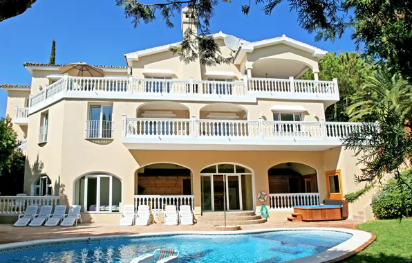 Trees, design, lawn, Villa, home, pool, garden, Sunny