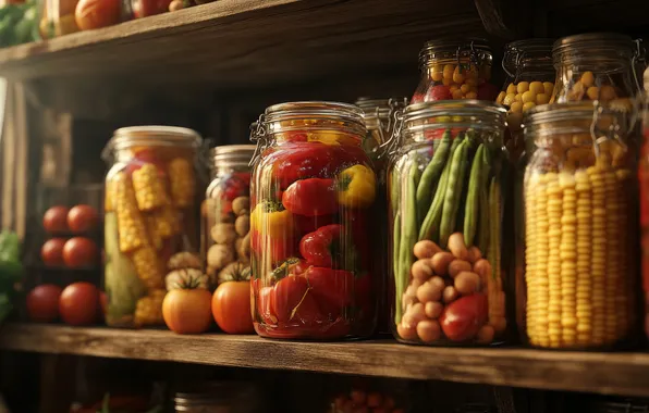 Glass, Board, corn, pepper, banks, vegetables, shelves, beans