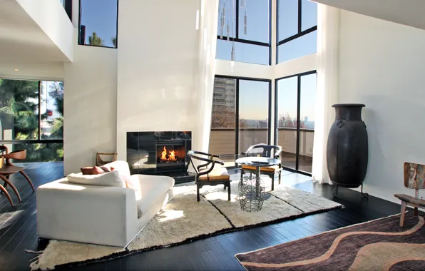 Design, the city, style, interior, balcony, fireplace, penthouse, city apartment