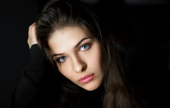 Look, girl, face, pose, background, black, portrait, makeup