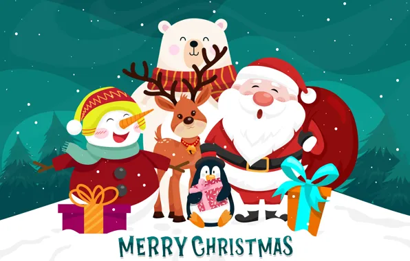Forest, joy, smile, deer, Christmas, gifts, New year, penguin
