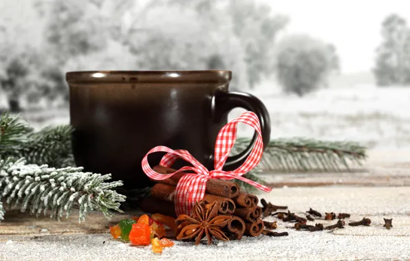 Picture winter, snow, sprig, tea, coffee, tape, pine, winter