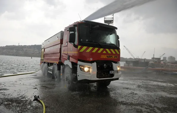 Water, overcast, shore, truck, Renault, hose, four-axle, Renault Trucks