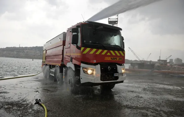 Picture water, overcast, shore, truck, Renault, hose, four-axle, Renault Trucks