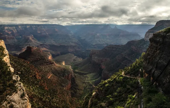 The sun, clouds, trees, stones, rocks, height, trail, canyon