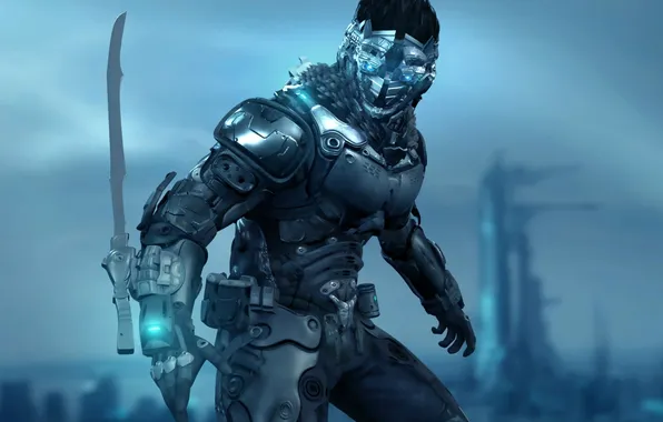 Picture sword, armor, cyberpunk, mask, warrior, futuristic