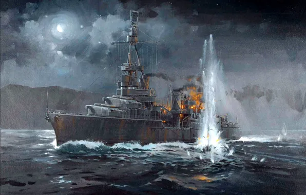 Picture the explosion, night, fire, figure, art, American, WW2, heavy cruiser "Northampton"