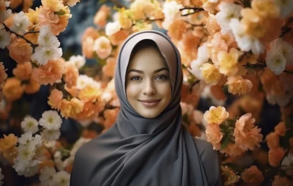 Flowers, Girl, Look, Smile, Digital art, AI art, The Art of Artificial Intelligence, Neural network