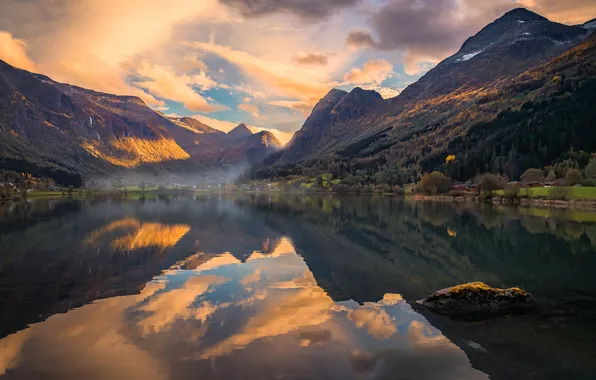 Autumn, forest, the sky, clouds, light, mountains, lake, reflection