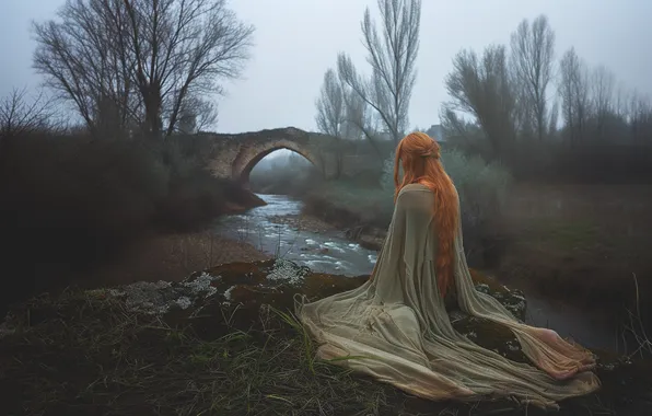 Girl, trees, bridge, nature, pose, fog, stream, stones