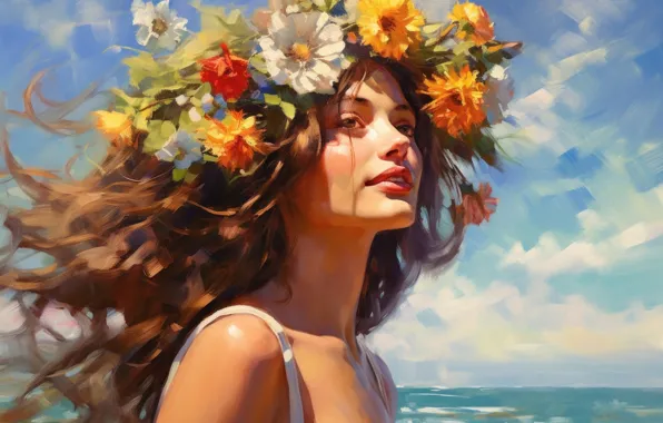 Summer, girl, flowers, nature, face, paint, portrait, picture