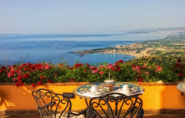 Sea, flowers, coast, Italy, table, Italy, terrace