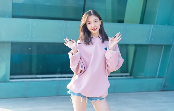 Look, the sun, pose, model, shorts, the building, portrait, hands