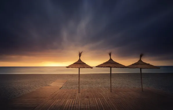 Sea, beach, sunset, shore, umbrellas