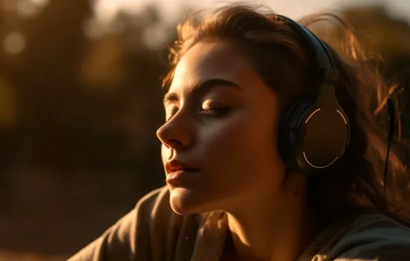 Girl, light, nature, face, music, portrait, headphones, brown hair