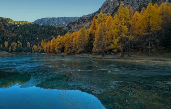 Autumn, forest, the sky, trees, mountains, lake, reflection, rocks