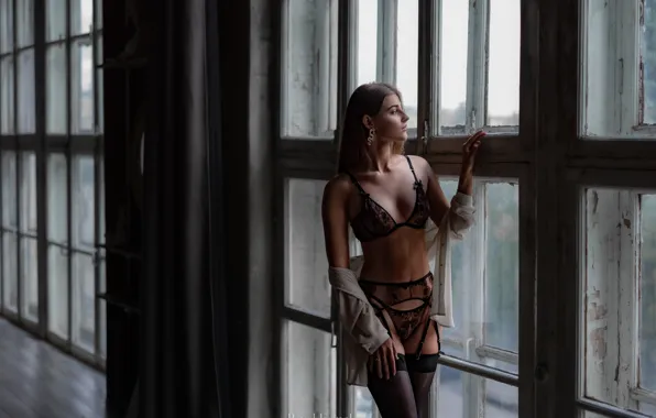 Girl, pose, panties, stockings, figure, window, belt, linen