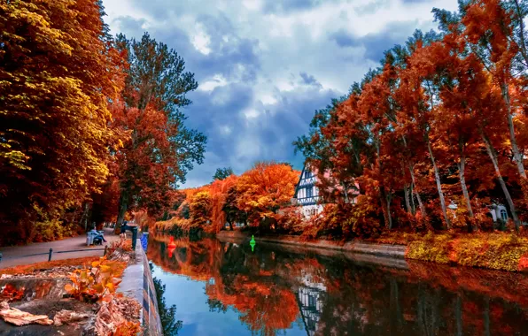 Autumn, leaves, trees, landscape, reflection, river, beauty, house
