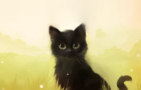 Picture cat, grass, cat, kitty, black, art, Apofiss