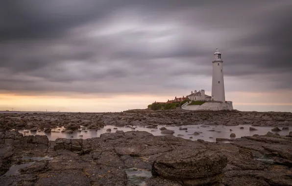 Sea, landscape, sunset, lighthouse
