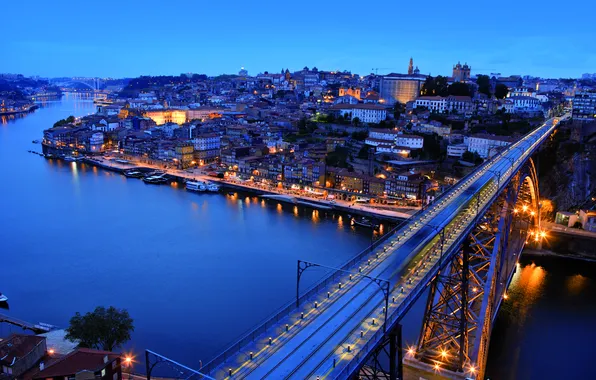 Picture bridge, city, river, street, home, the evening, Portugal, architecture