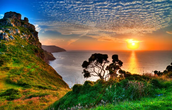 Picture sea, the sky, grass, the sun, clouds, sunset, mountains, reflection