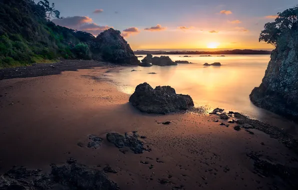 Sand, sea, beach, clouds, light, sunset, stones, rocks