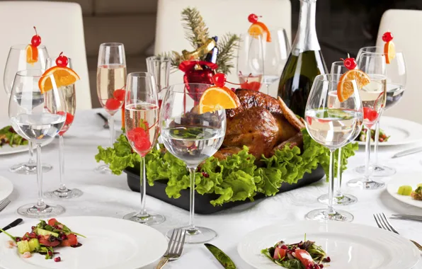 Table, holiday, glasses, New year, champagne, New Year, salad, Turkey