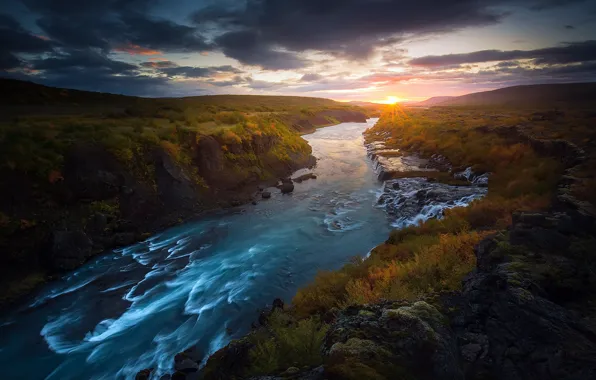 Field, sunset, river