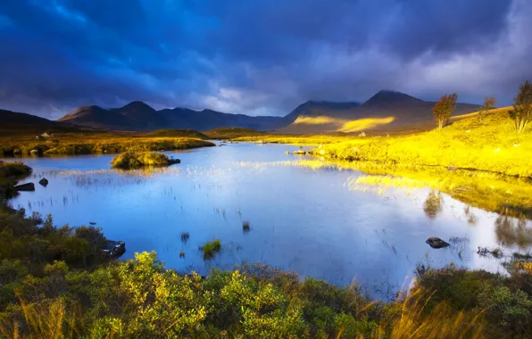 Landscape, mountains, clouds, lake, Scotland, Rannoch Moor