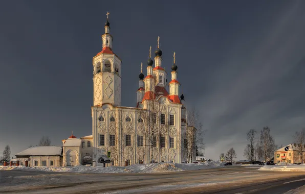 Winter, road, Russia, Tot'ma, Vologda oblast, The Church of Entry into Jerusalem