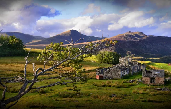 Clouds, trees, mountains, nature, the ruins, Walla