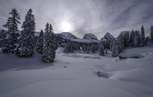 Winter, snow, mountains, Switzerland, ate, Alps, the snow, house