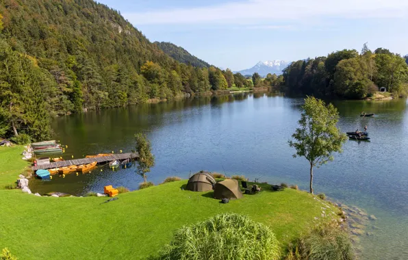 Forest, the sky, grass, trees, mountains, lake, people, stay