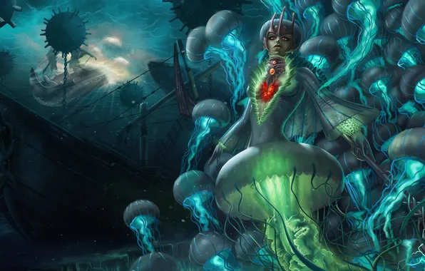 Picture sea, girl, ships, art, jellyfish, under water, League of Legends, Nami