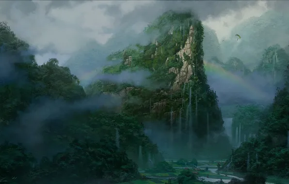 Landscape, mountains, fog, rocks, waterfall, rainbow, art, parachute