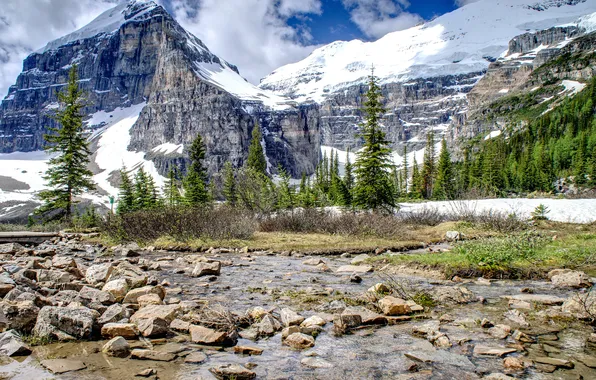 The sky, clouds, snow, trees, landscape, mountains, river, stones