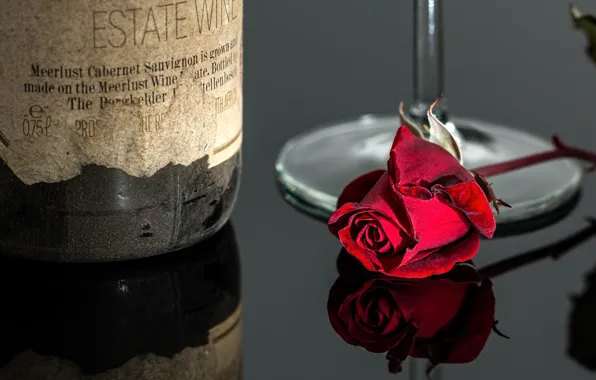 Flowers, red, reflection, table, wine, glass, bottle, roses